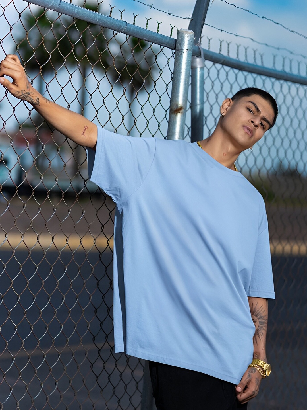 

Beetein Lamhein Drop Shoulder Sleeves Oversized Pure Cotton T-Shirt, Blue