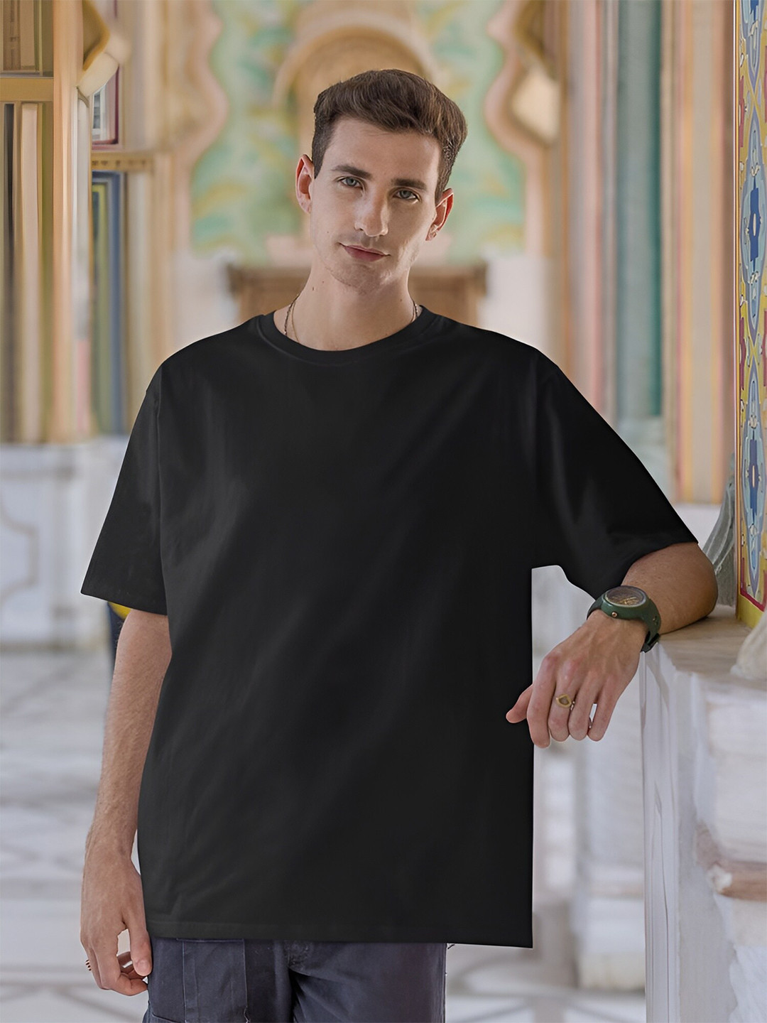 

Beetein Lamhein Drop-Shoulder Sleeves Oversized Pure Cotton T-Shirt, Black