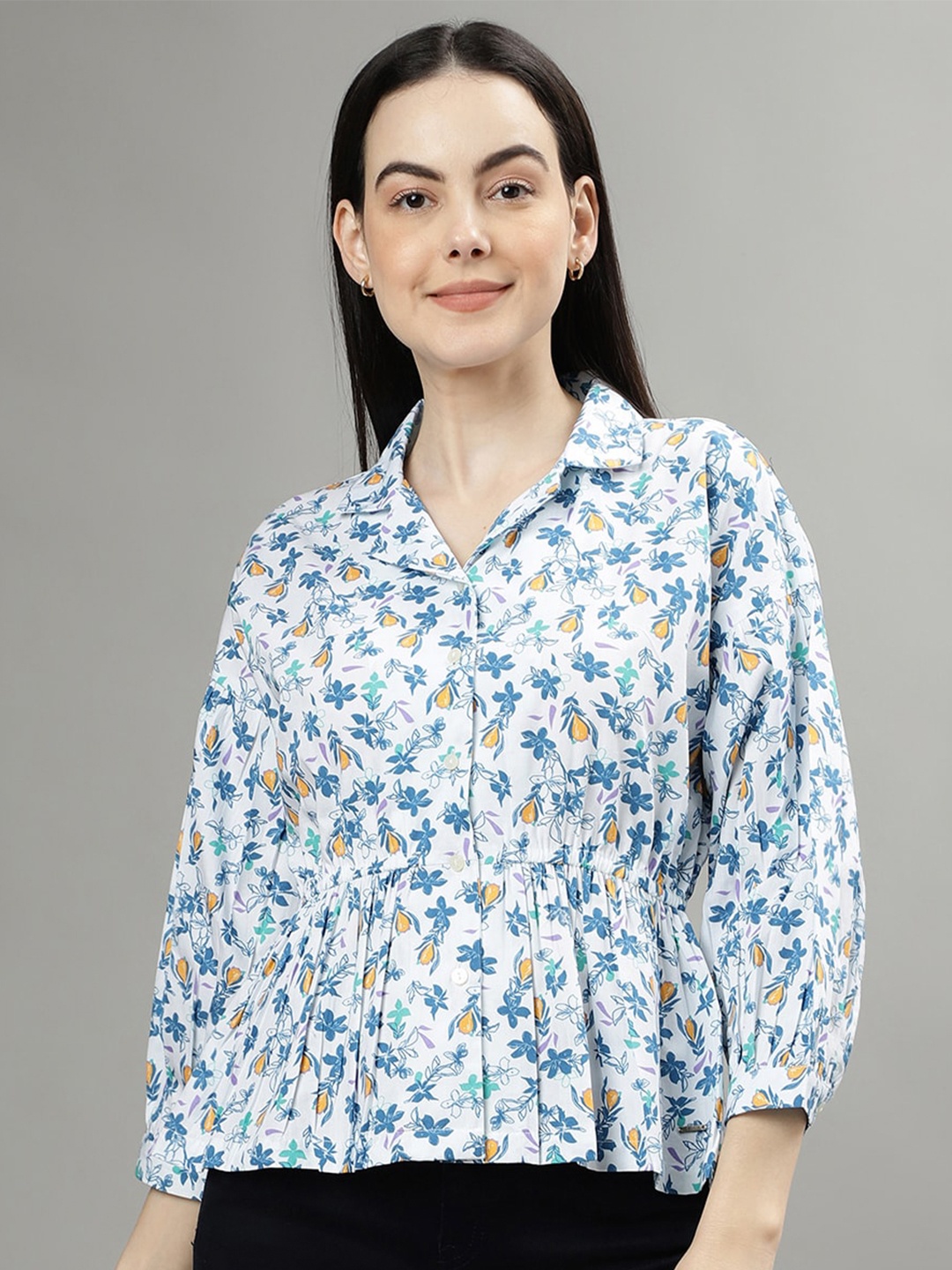 

ELLE Floral Printed Spread Collar Three Quarter Sleeves Pleated Casual Shirt, White