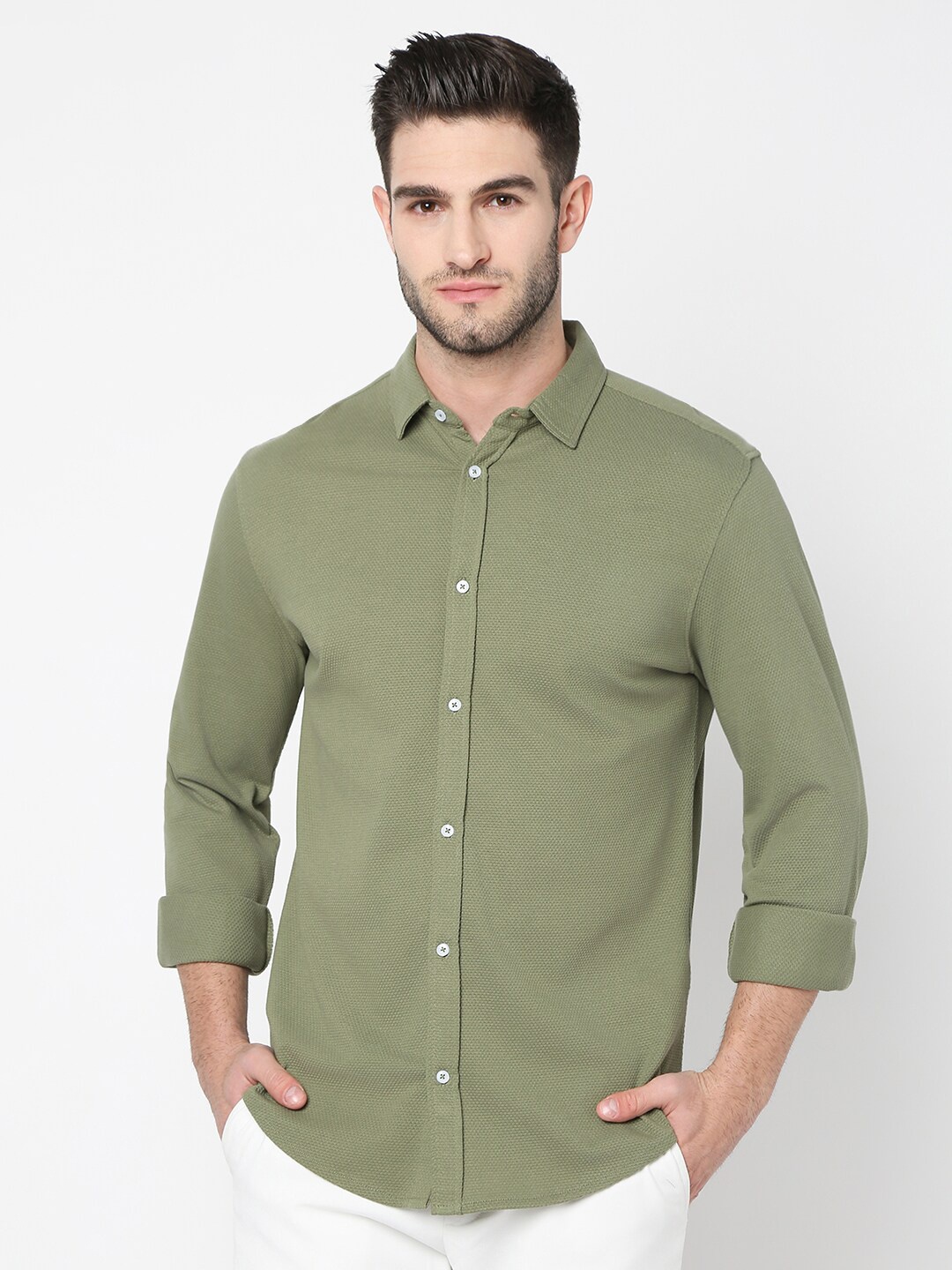

R&B Cotton Solid Casual Shirt, Green