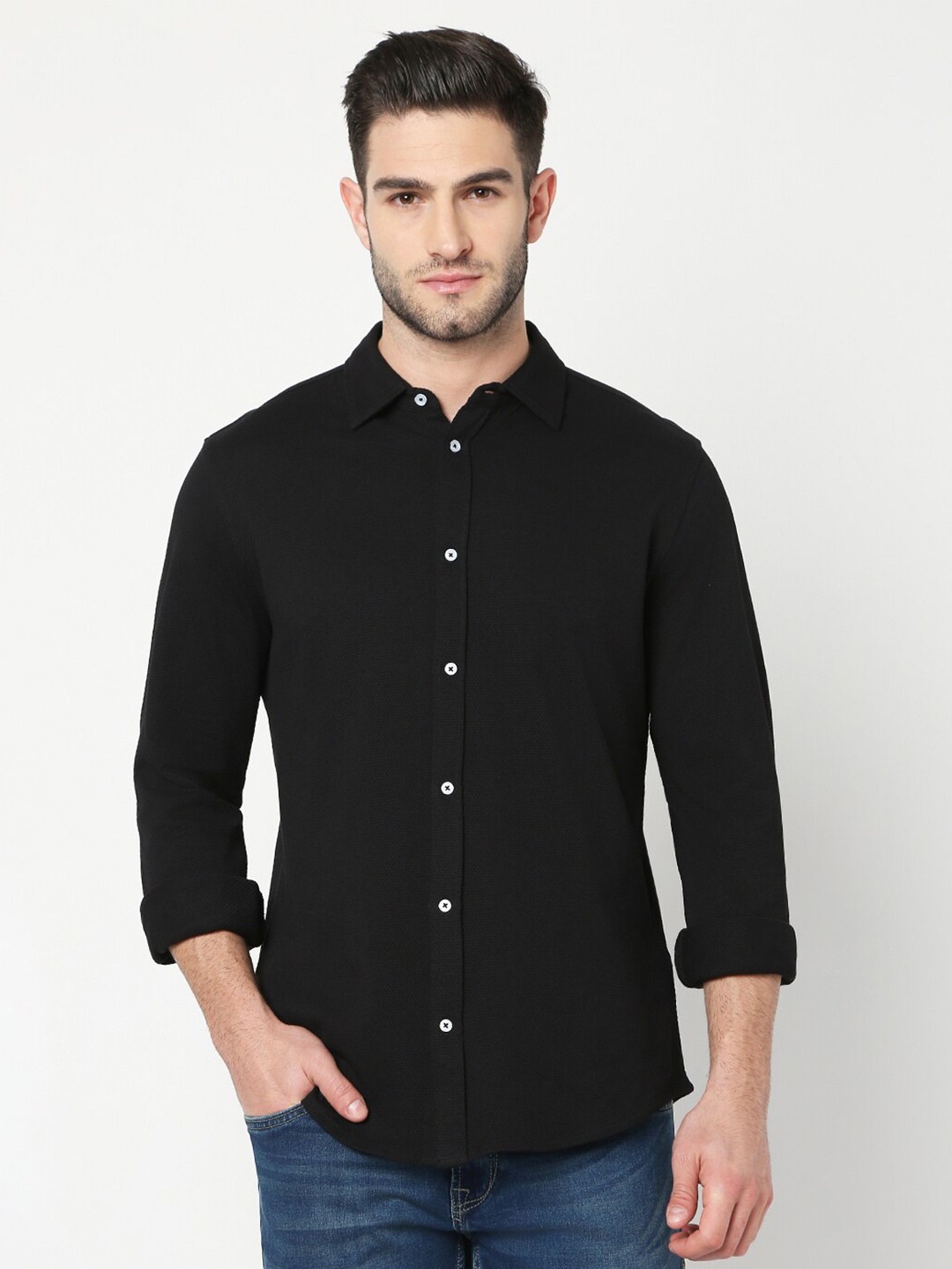 

R&B Cotton Solid Casual Shirt, Black