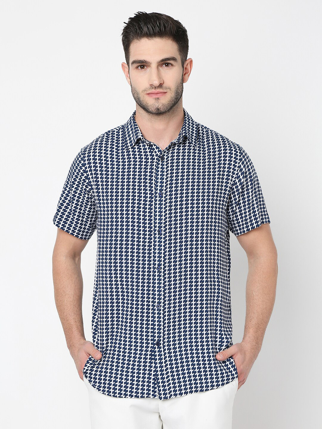 

R&B Cotton Checked Casual Shirt, Navy blue