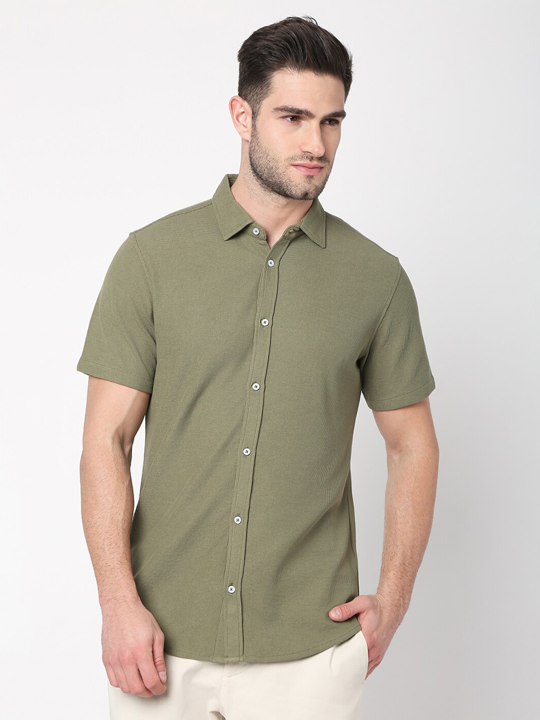 

R&B Cotton Solid Casual Shirt, Green