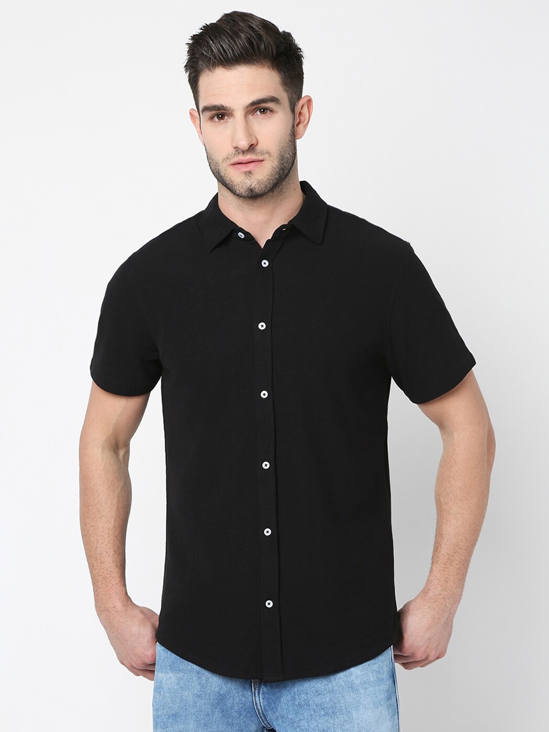 

R&B Cotton Solid Casual Shirt, Black
