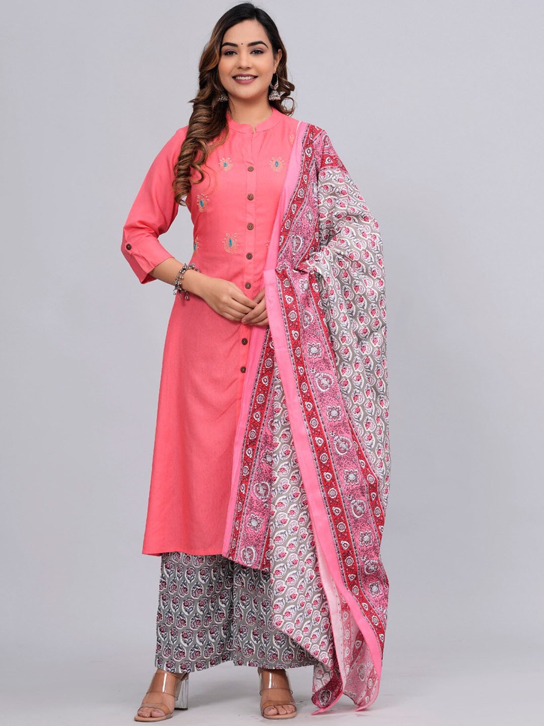 

MAUKA Ethnic Motifs Embroidered Mandarin Collar Straight Kurta & Palazzos With Dupatta, Pink