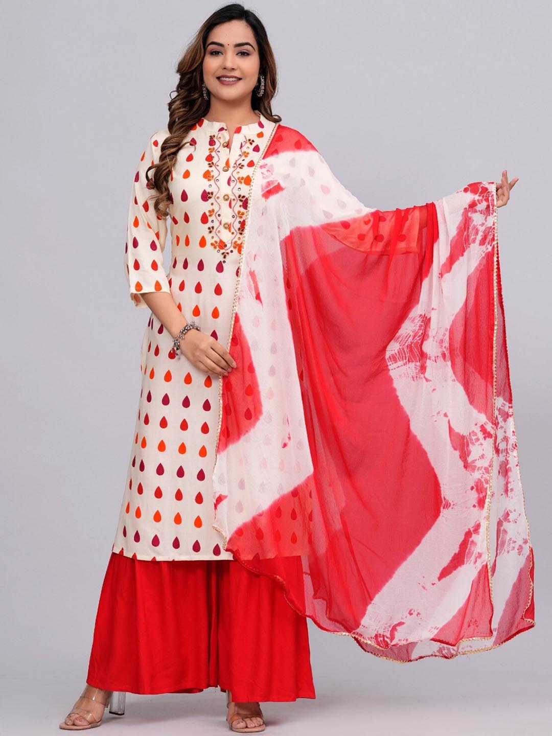 

MAUKA Printed Yoke Design Straight Kurta With Sharara & Dupatta, Beige