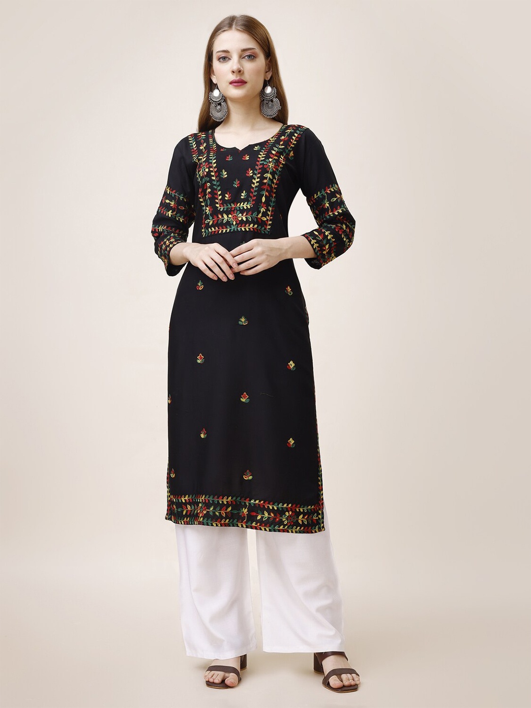 

Goti's Ethnic Motifs Embroidered Thread Work Notch Neck Regular Straight Kurta, Black