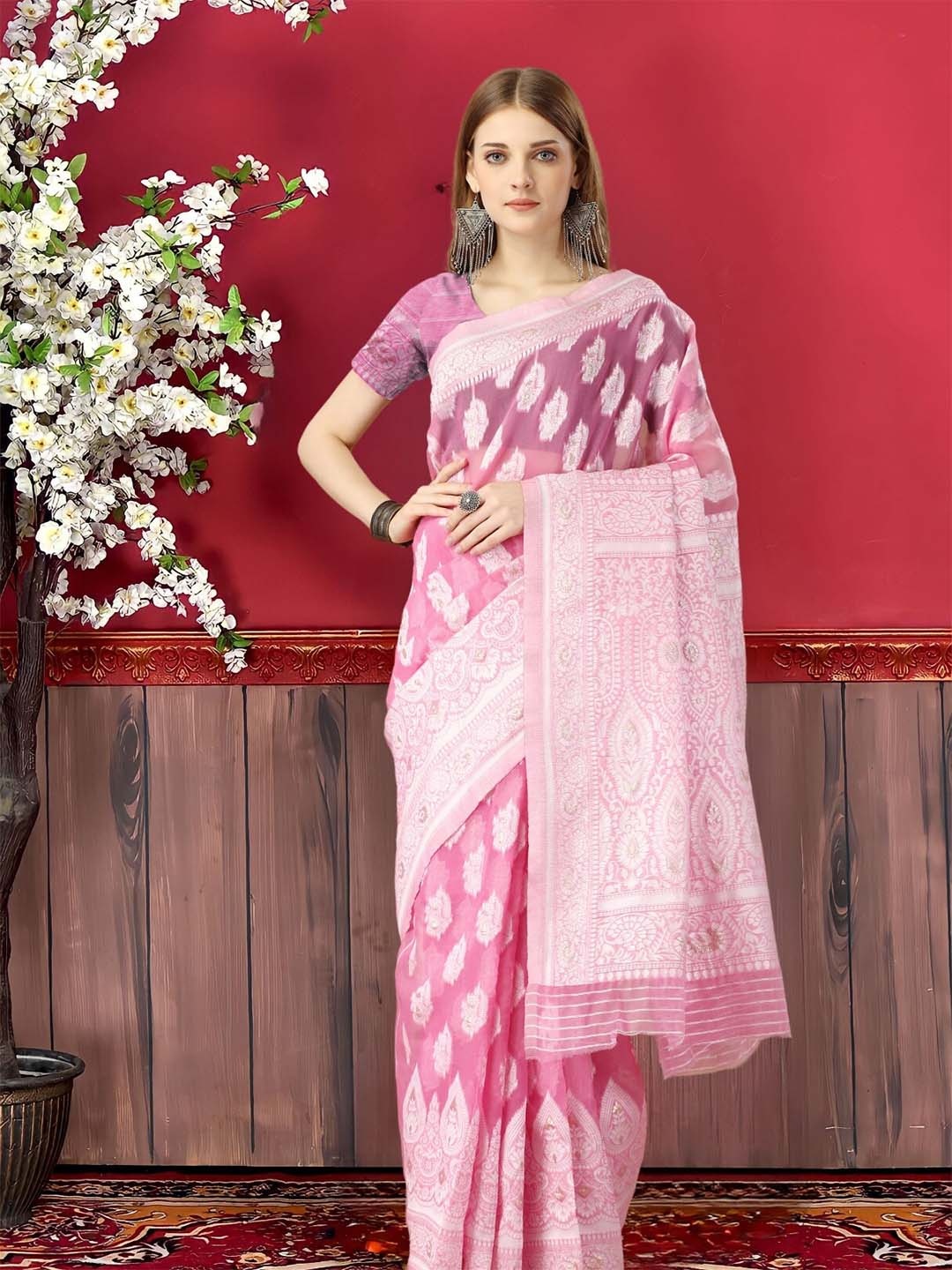 

MAGMINA Ethnic Motif Woven Design Cotton Silk Saree, Pink