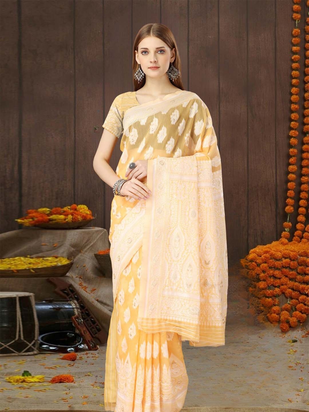 

MAGMINA Ethnic Motifs Woven Design Kanjeevaram Zari Saree, Yellow