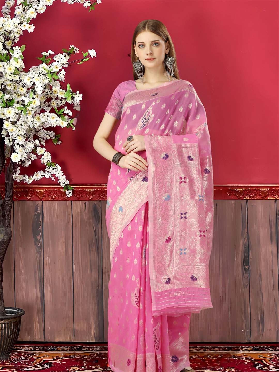 

MAGMINA Ethnic Motifs Woven Design Zari Banarasi Saree, Pink