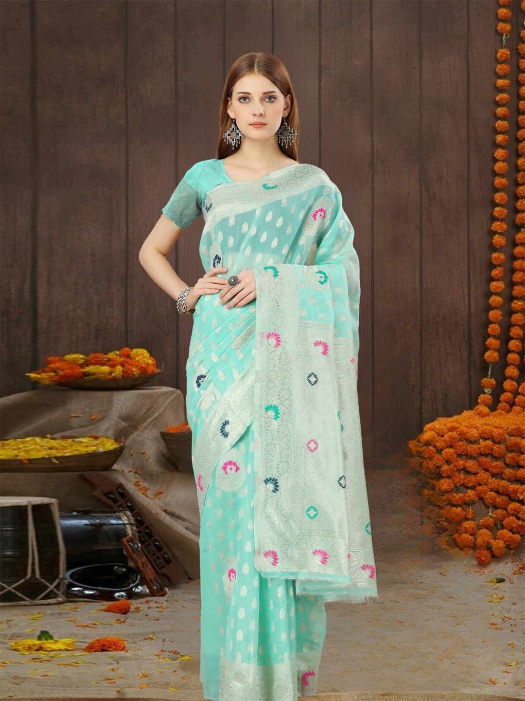 

MAGMINA Paisley Woven Design Saree, Turquoise blue