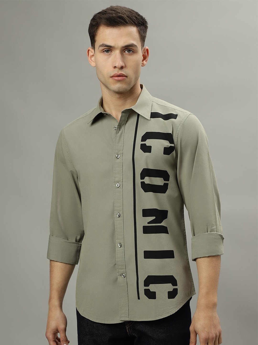 

Iconic Regular Fit Spread Collar Full Sleeves Cotton Casual Shirt, Olive