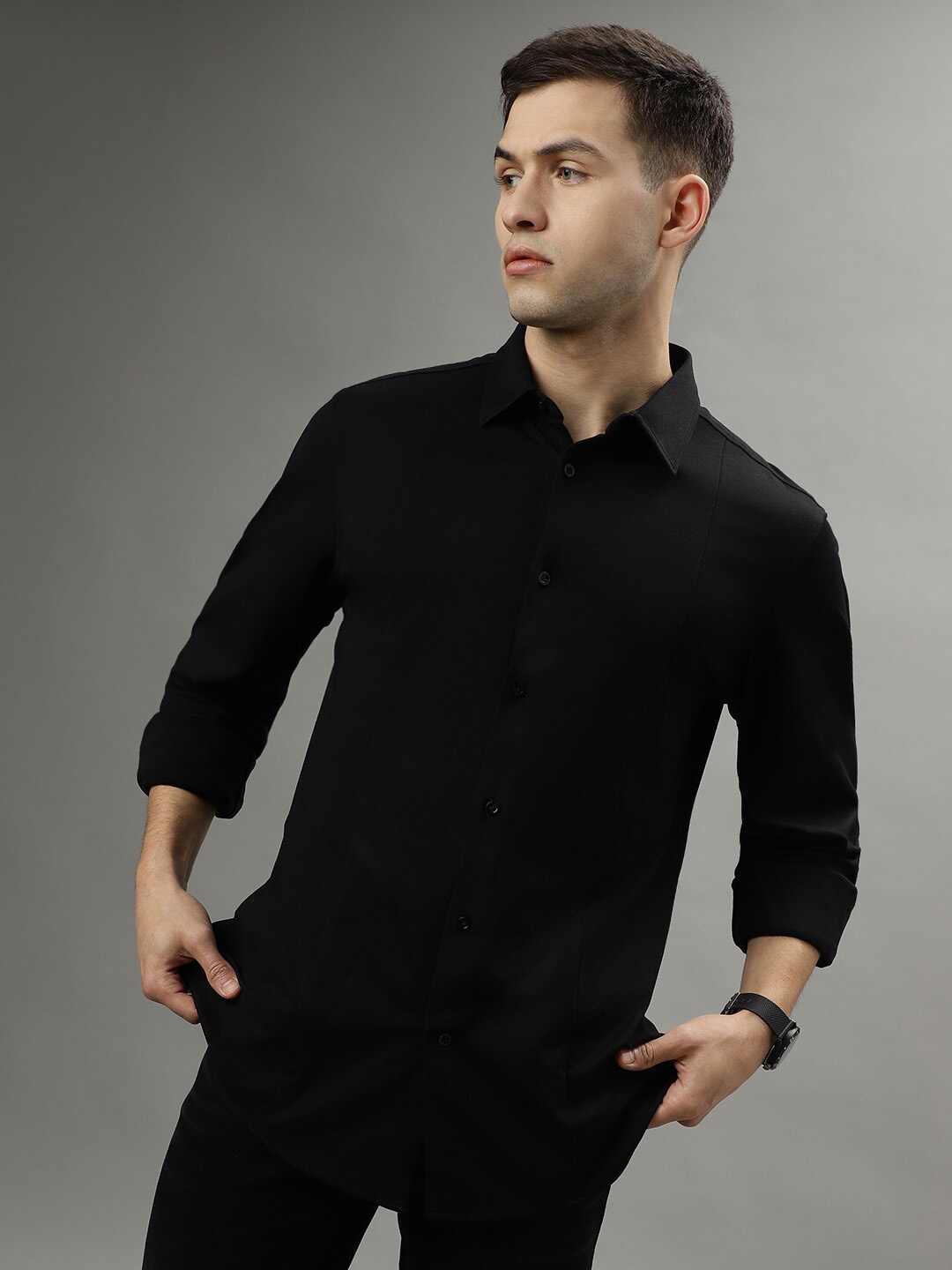 

Iconic Spread Collar Slim Fit Casual Shirt, Black