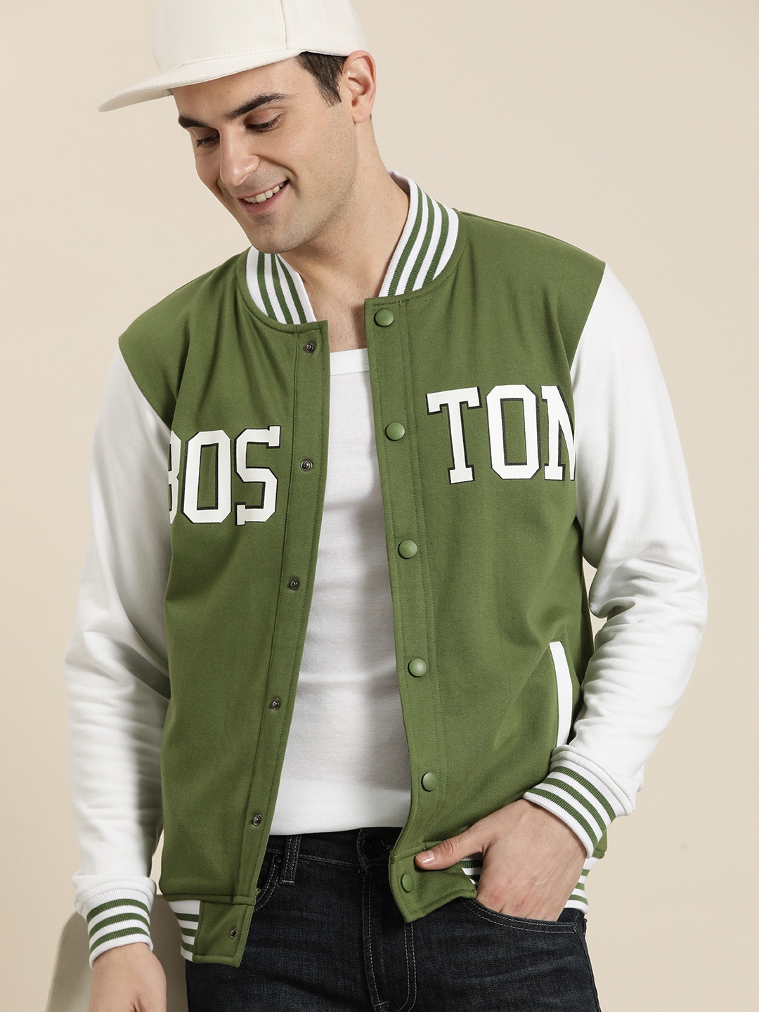 

HERE&NOW Men Colourblocked Varsity Jacket, Green