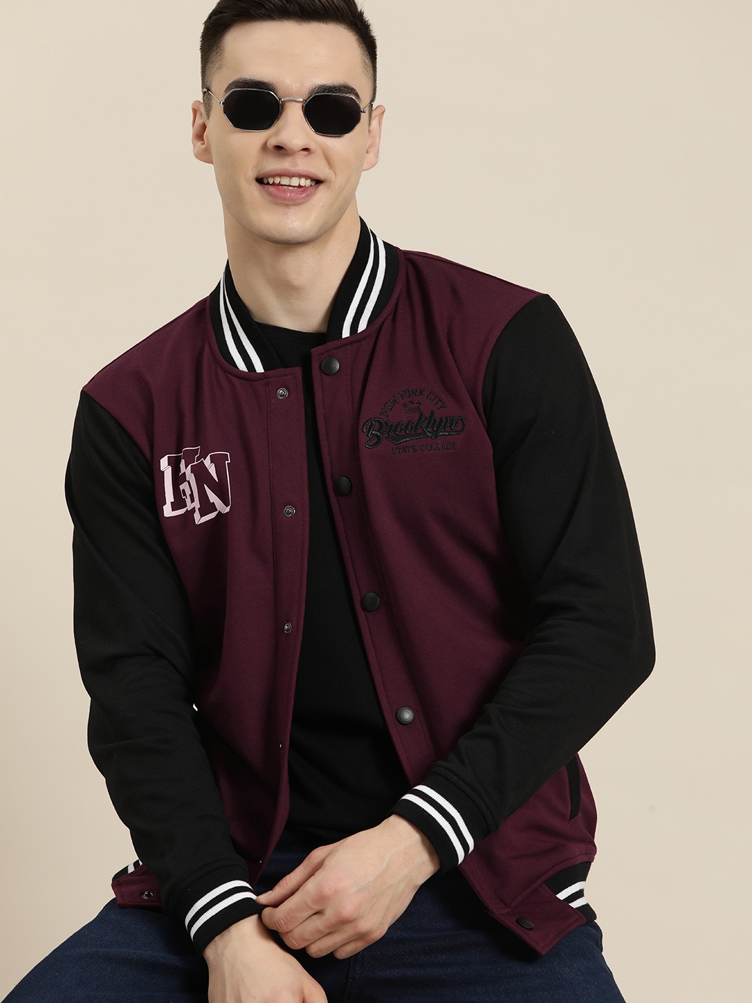 

HERE&NOW Men Colourblocked Varsity Jacket, Burgundy