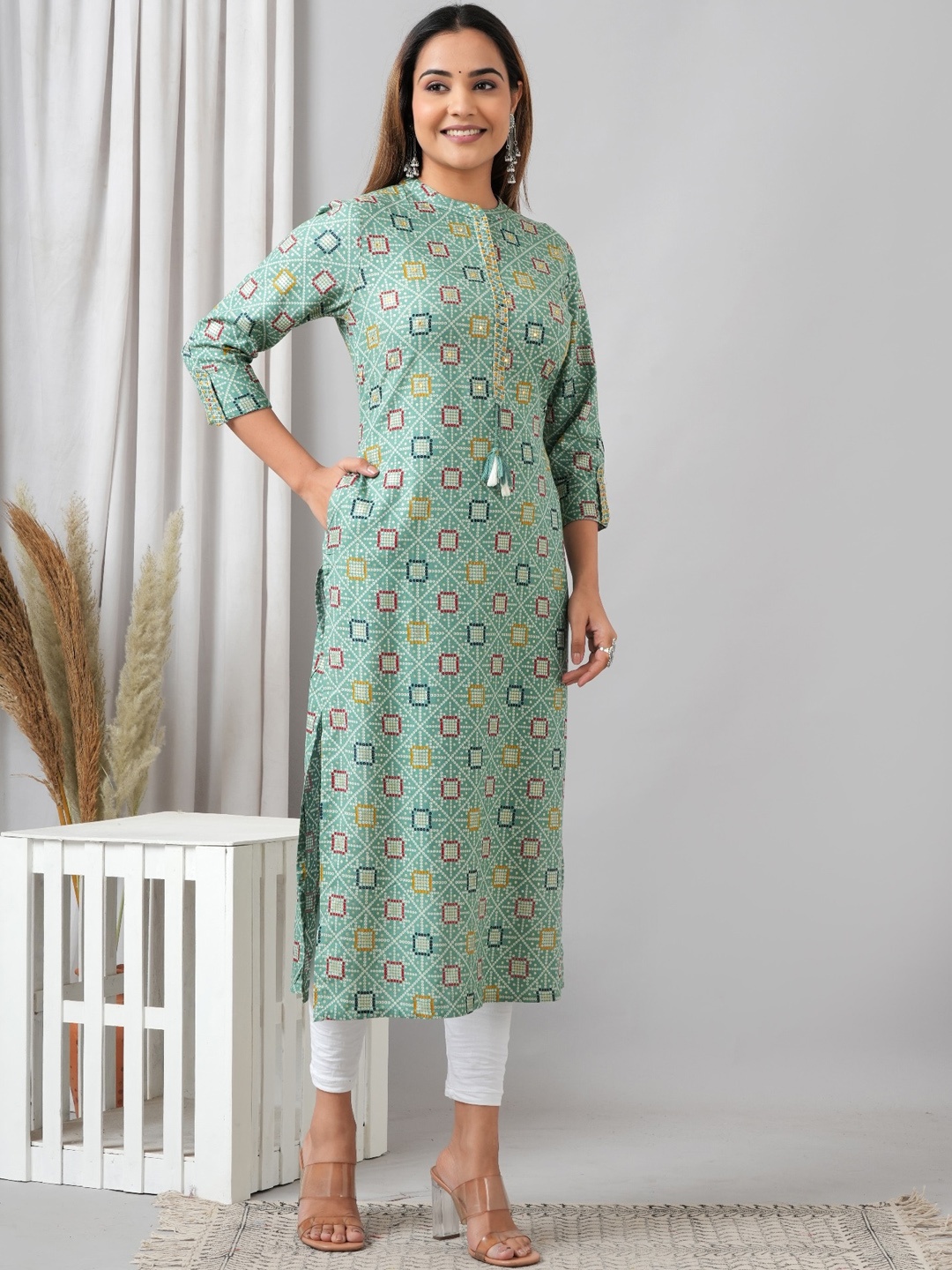 

HERE&NOW Floral Printed Floral Liva Kurta, Green