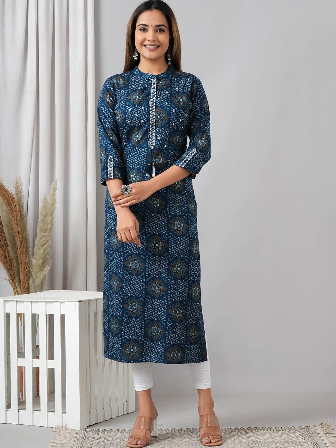 

HERE&NOW Floral Printed Floral Liva Kurta, Blue