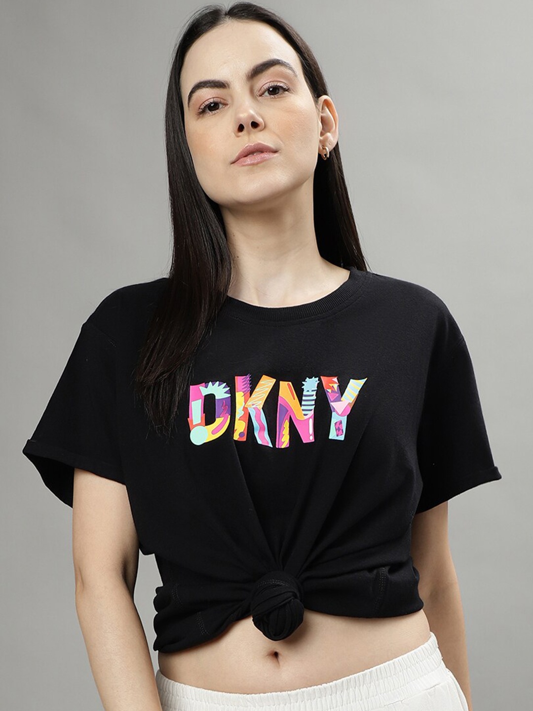 DKNY Typography Printed Pure Cotton T-shirt, Black