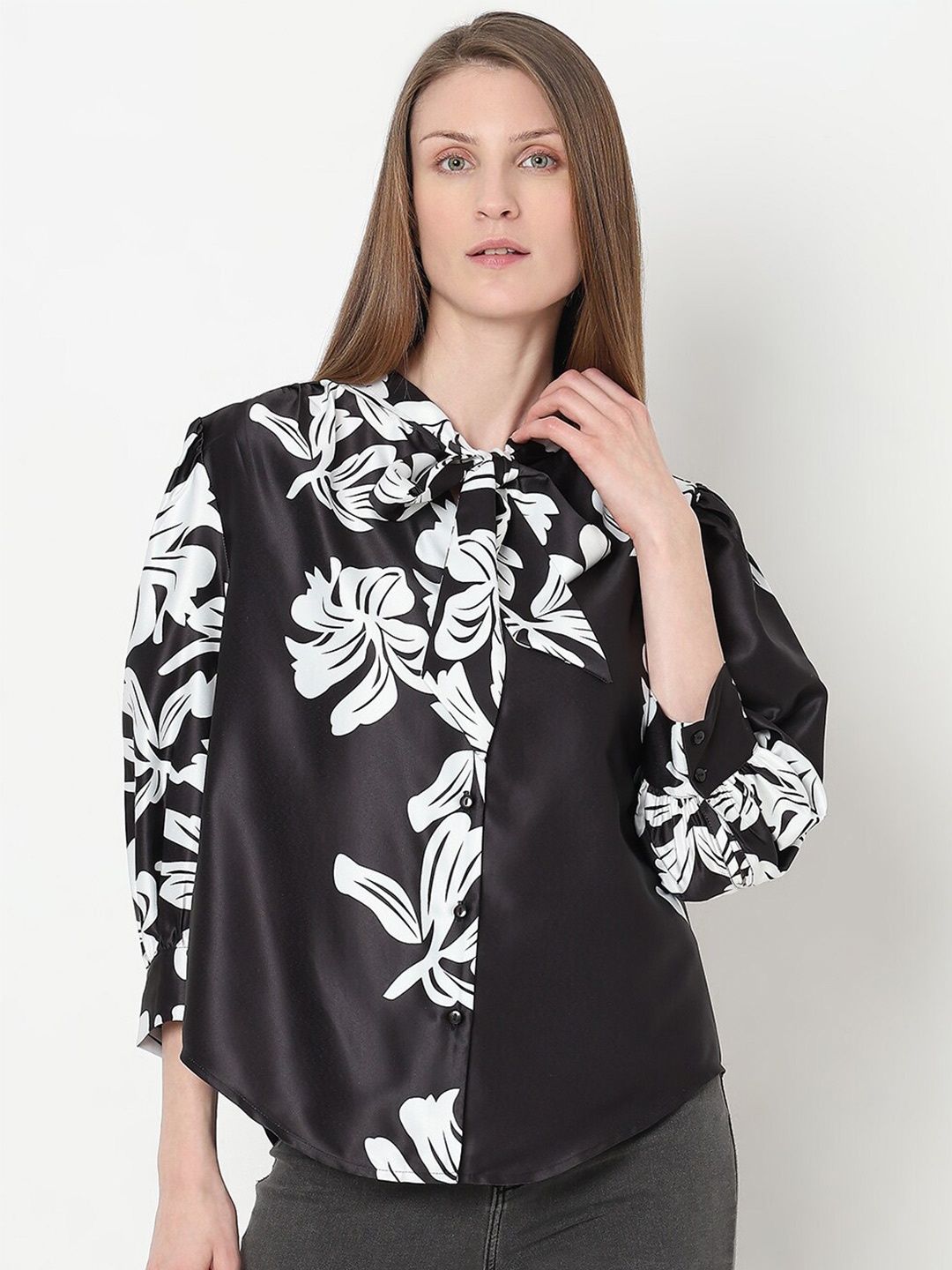 

Vero Moda Floral Print Tie-Up Neck Bishop Sleeves Top, Black