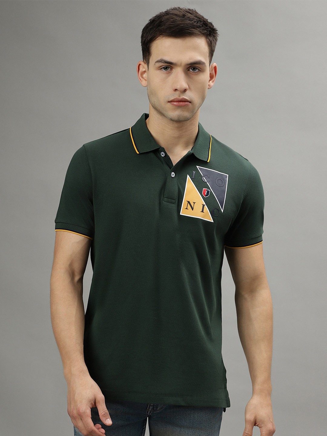 

Iconic Geometric Printed Polo Collar Pure Cotton T-shirt, Green