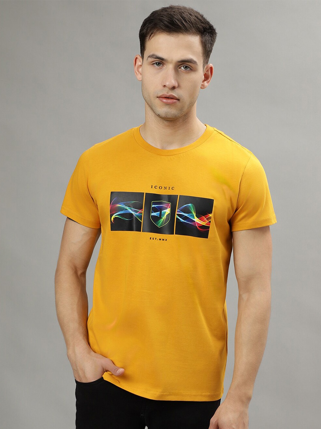 

Iconic Graphic Printed Pure Cotton T-shirt, Mustard