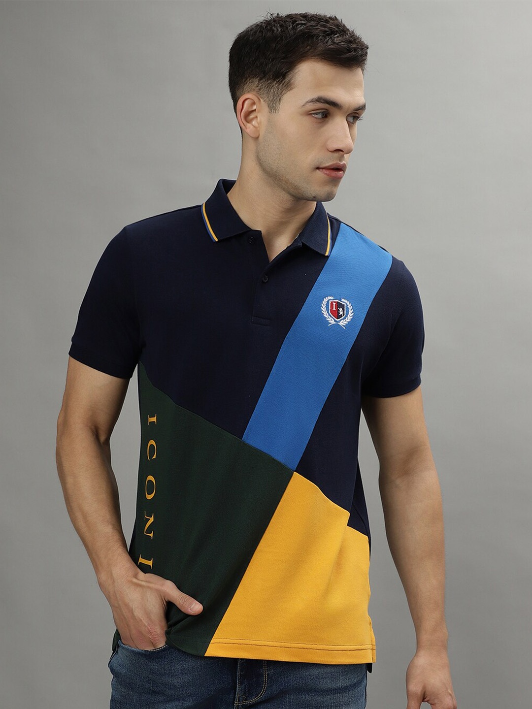 

Iconic Colourblocked Polo Collar Pure Cotton T-shirt, Navy blue