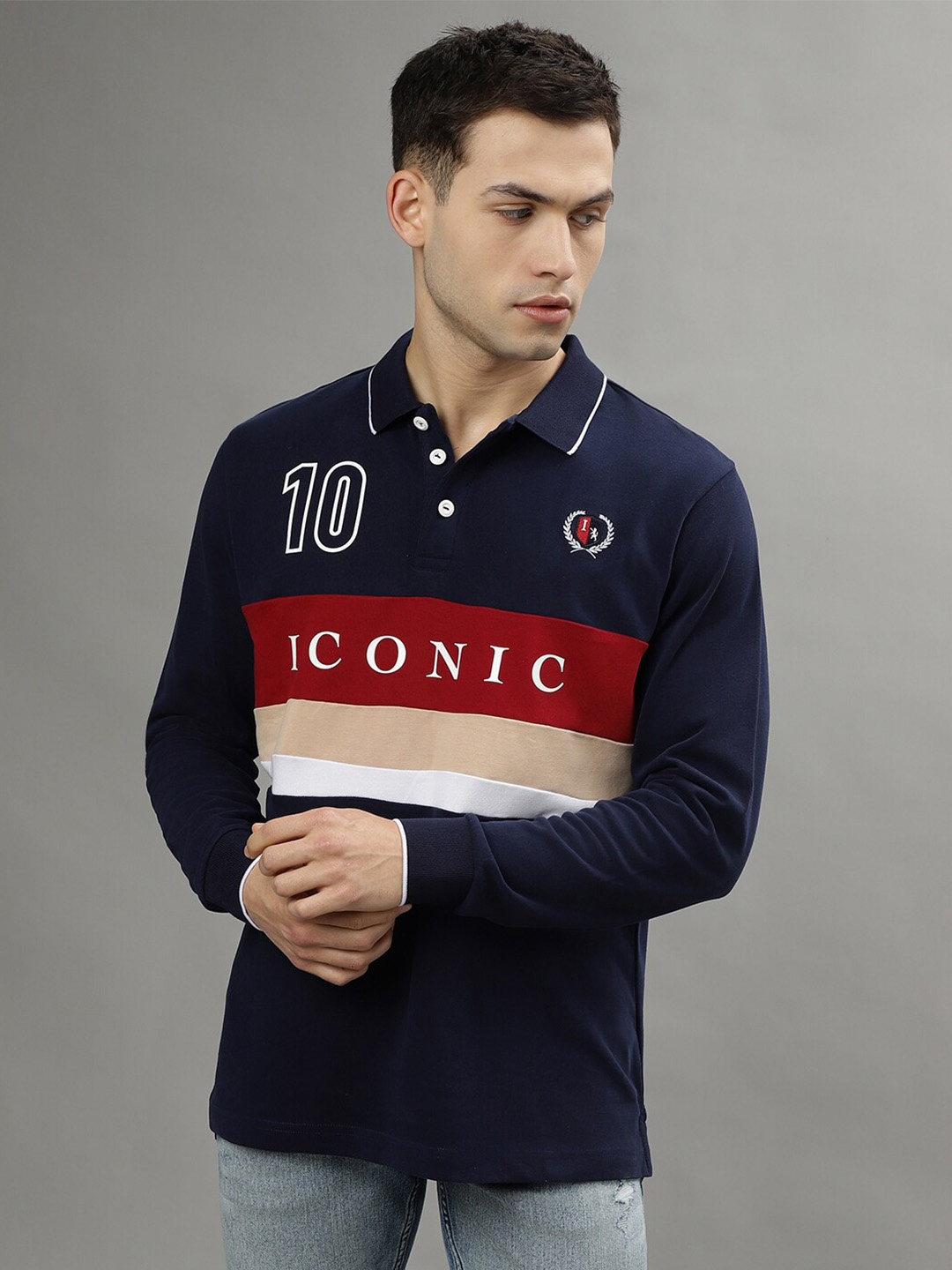 

Iconic Colourblocked Polo Collar Pure Cotton T-shirt, Navy blue