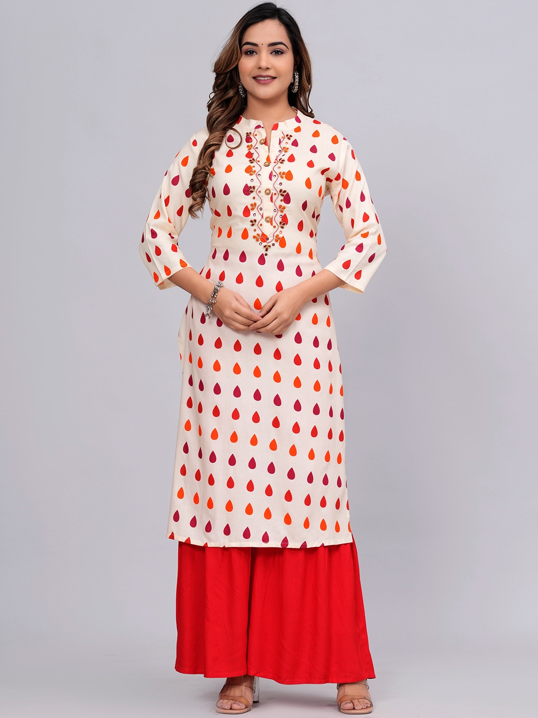 

MAUKA Embroidered Mandarin Collar Straight Kurta with Sharara, Beige