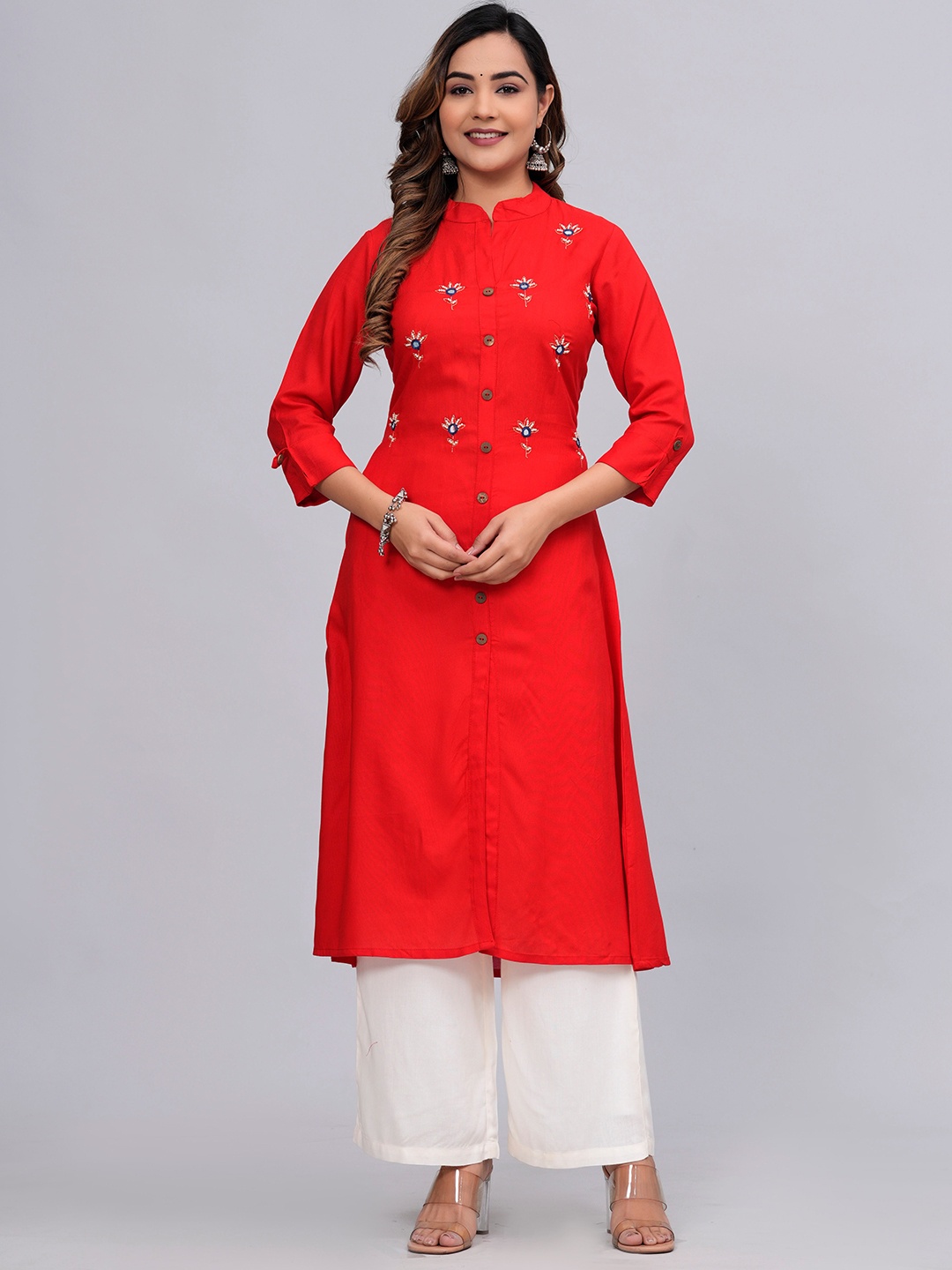 

MAUKA Floral Embroidered Mandarin Collar Straight Kurta with Palazzos, Red