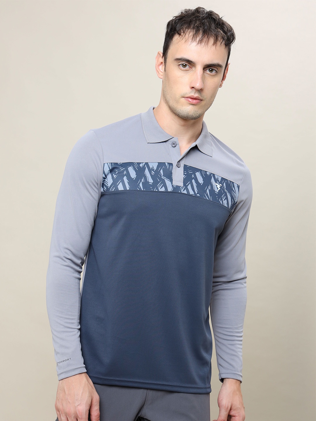 

Technosport Colourblocked Polo Collar Antimicrobial Slim Fit T-shirt, Grey