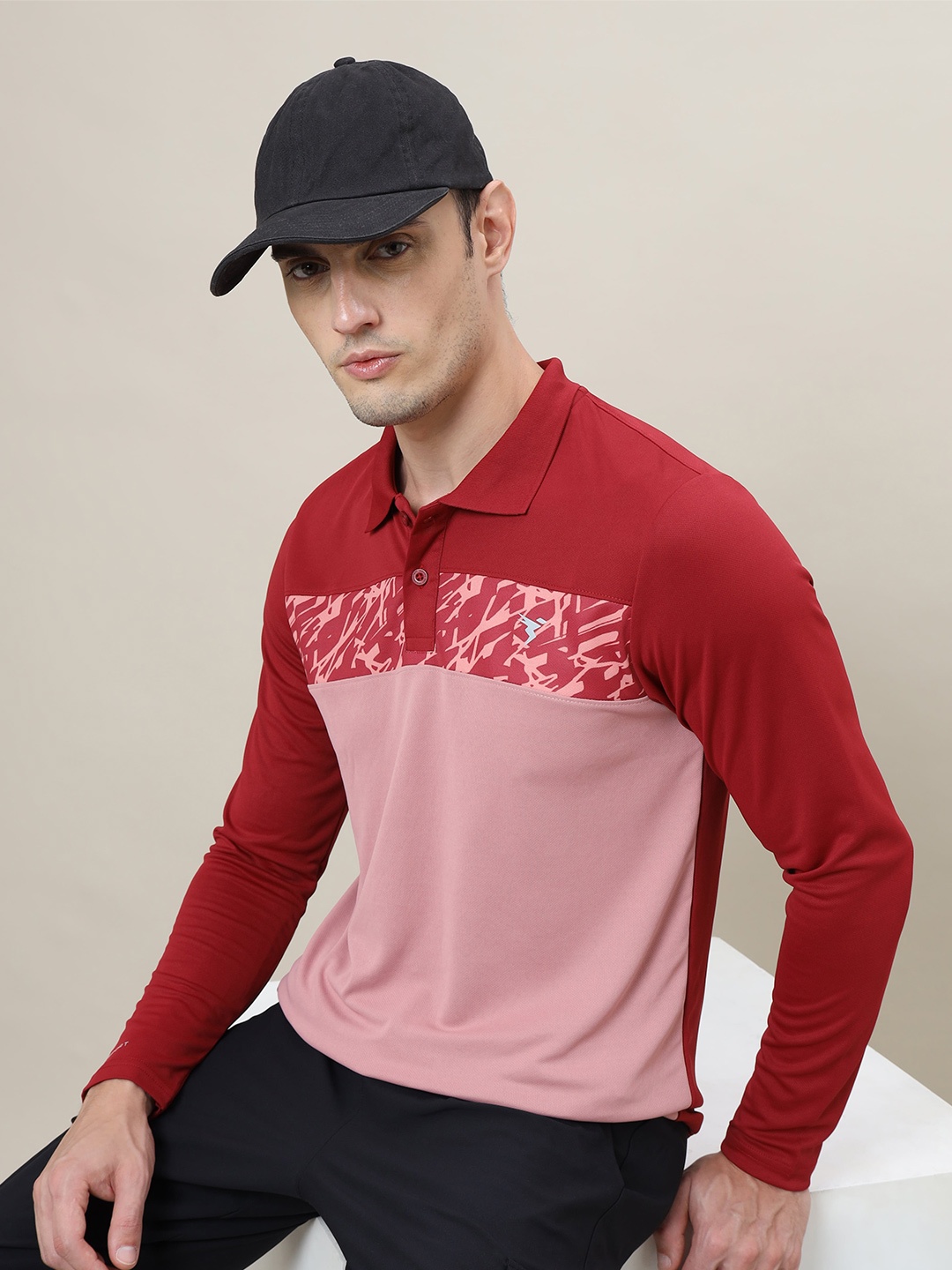 

Technosport Colourblocked Polo Collar Antimicrobial Slim Fit T-shirt, Red