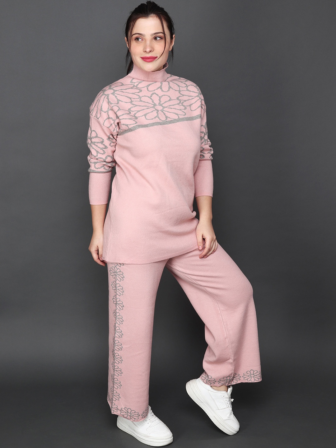 

Albion Printed Cotton High Neck Sweater With Trouser, Pink
