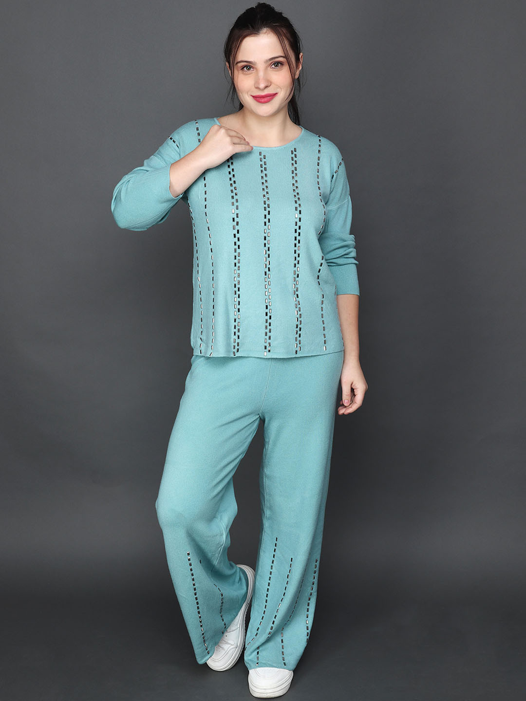 

Albion Embellished Pure Cotton Round Neck Sweater & Trousers Co-Ords, Green