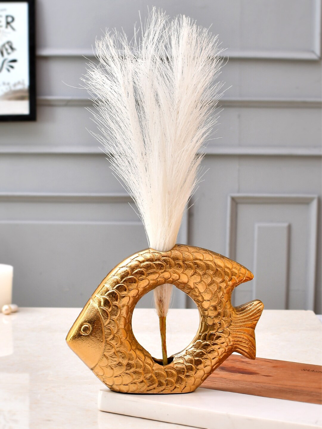 

CraftVatika Gold -Toned Metal Fish Statue Showpiece, Beige