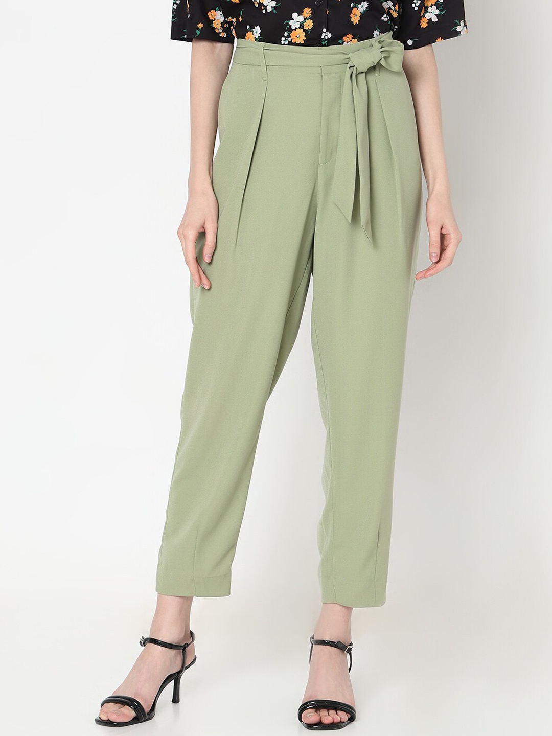 

Vero Moda Women Mom Fit High-Rise Pleated Trouser, Green