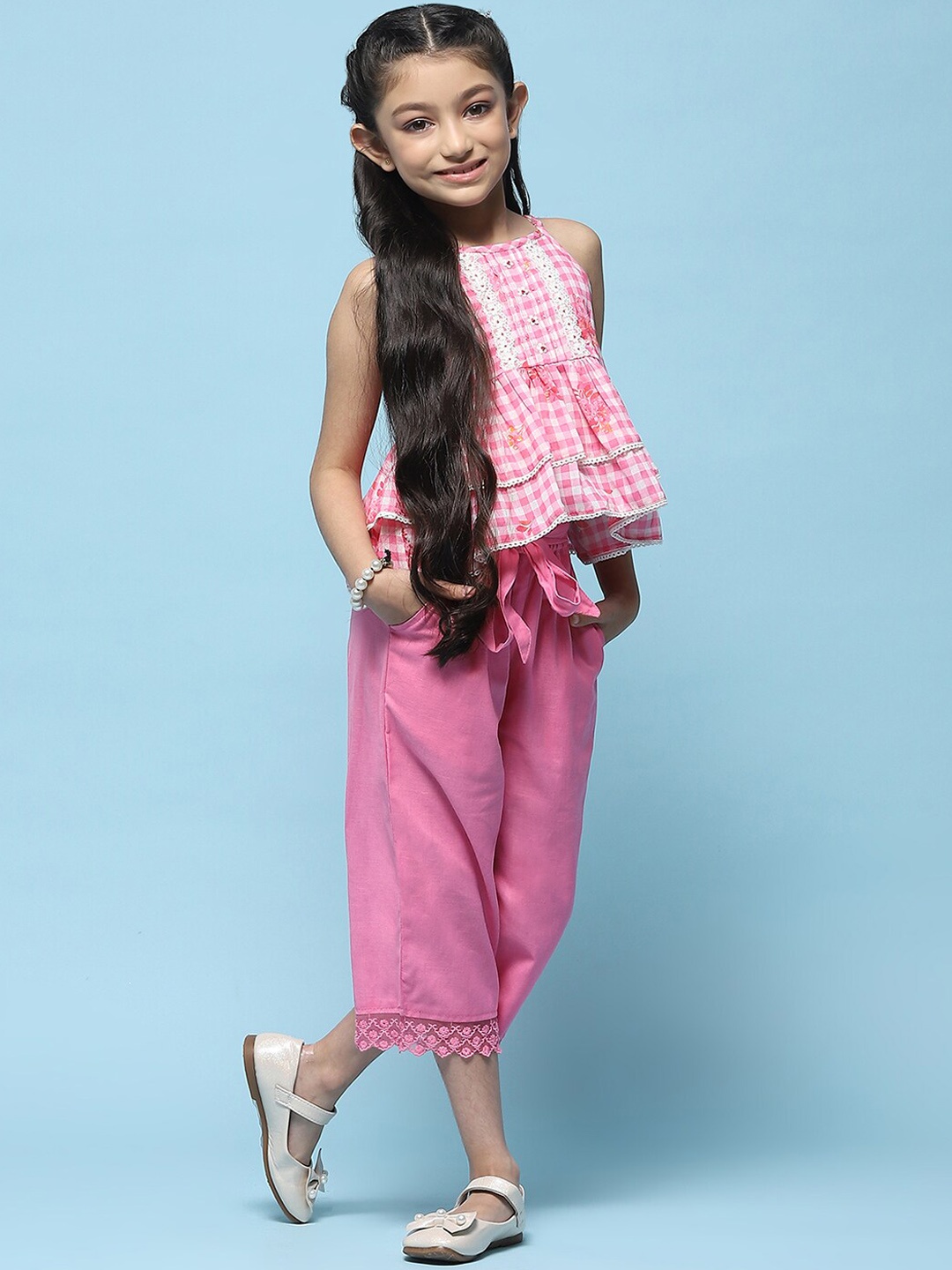

Biba Girls Floral Embroidery Pure Cotton Top With Trouser, Pink