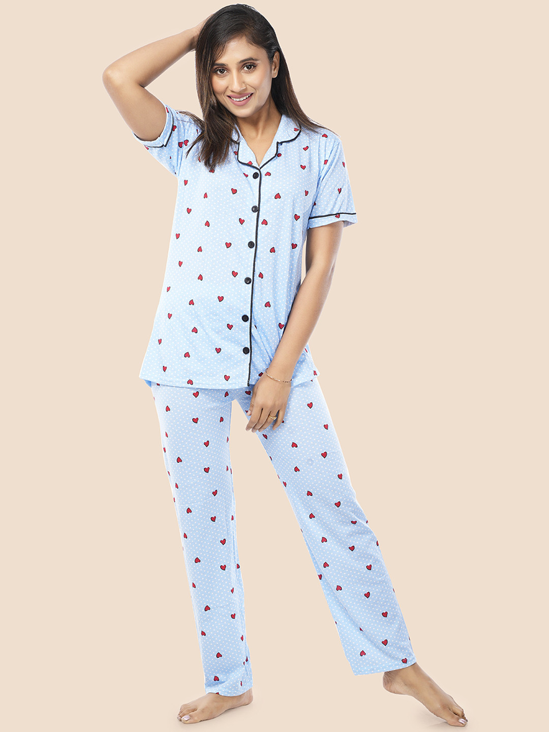 

BAESD Geometric Printed Lapel Collar Short Sleeves Pure Cotton Night suits, Blue