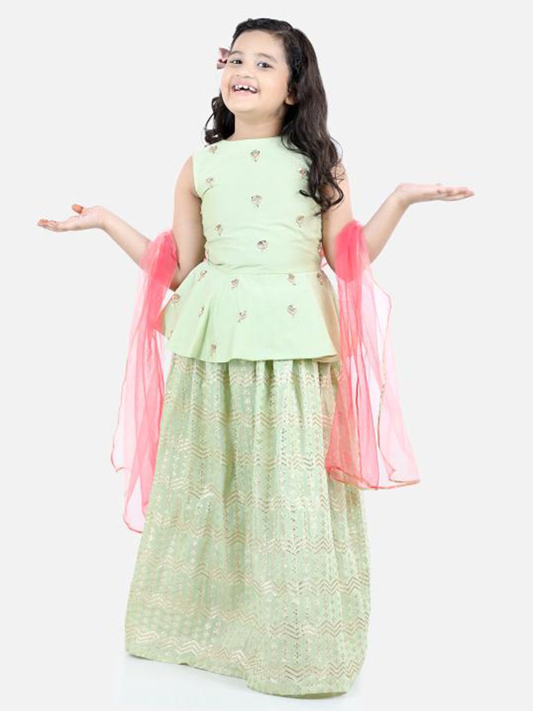 

Fairies Forever Girls Embroidered Ready to Wear Lehenga & Blouse With Dupatta, Sea green