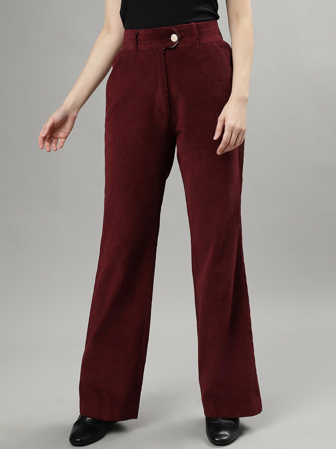 

Iconic Women Textured High-Rise Pure Cotton Parallel Trousers, Maroon