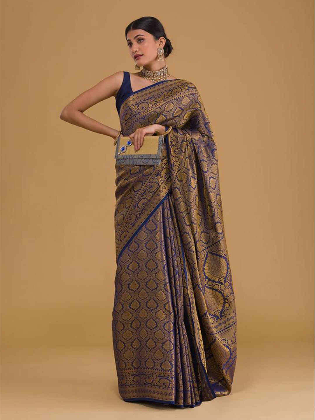 

bansari textiles Pure Silk Designer Banarasi Saree, Navy blue