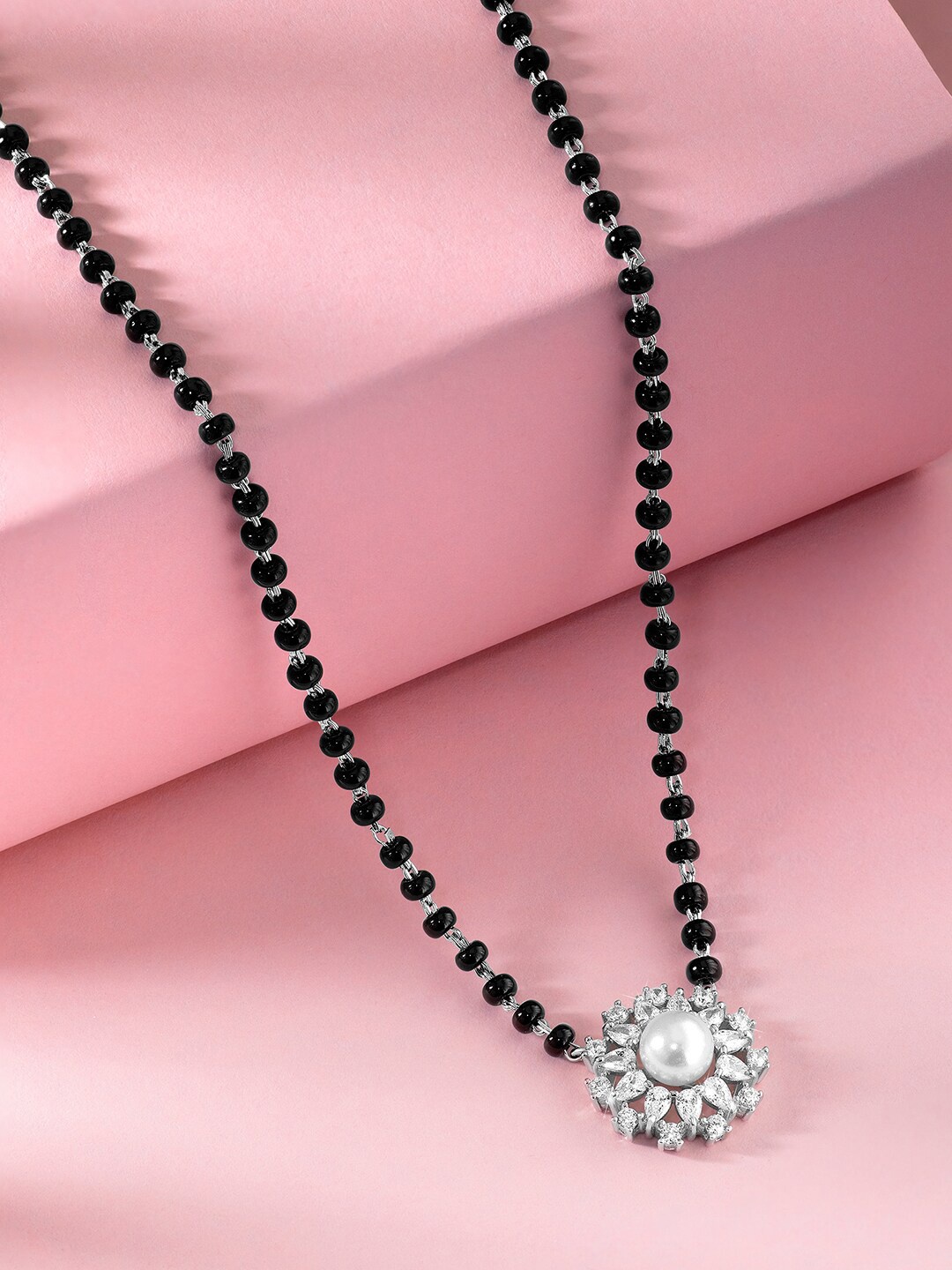 

Peora Silver-Plated CZ Stone-Studded & Beaded Mangalsutra