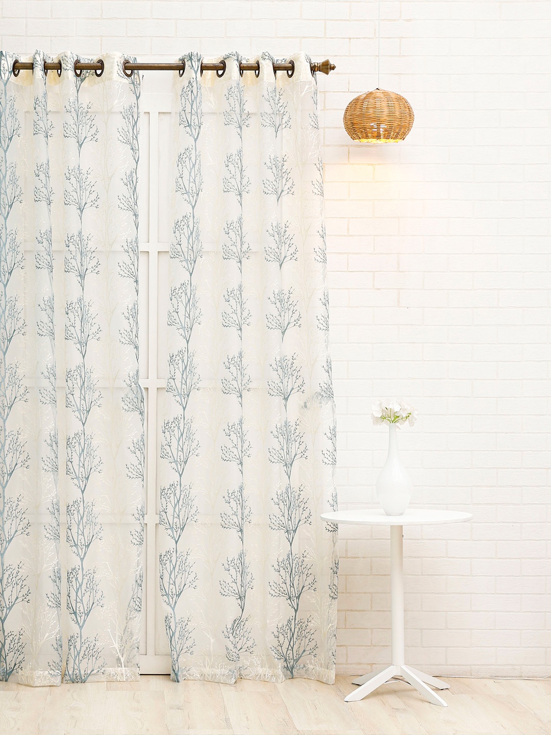 

Ariana Blue Embroidered Tree Sheer Eyelet Door Curtain, Off white