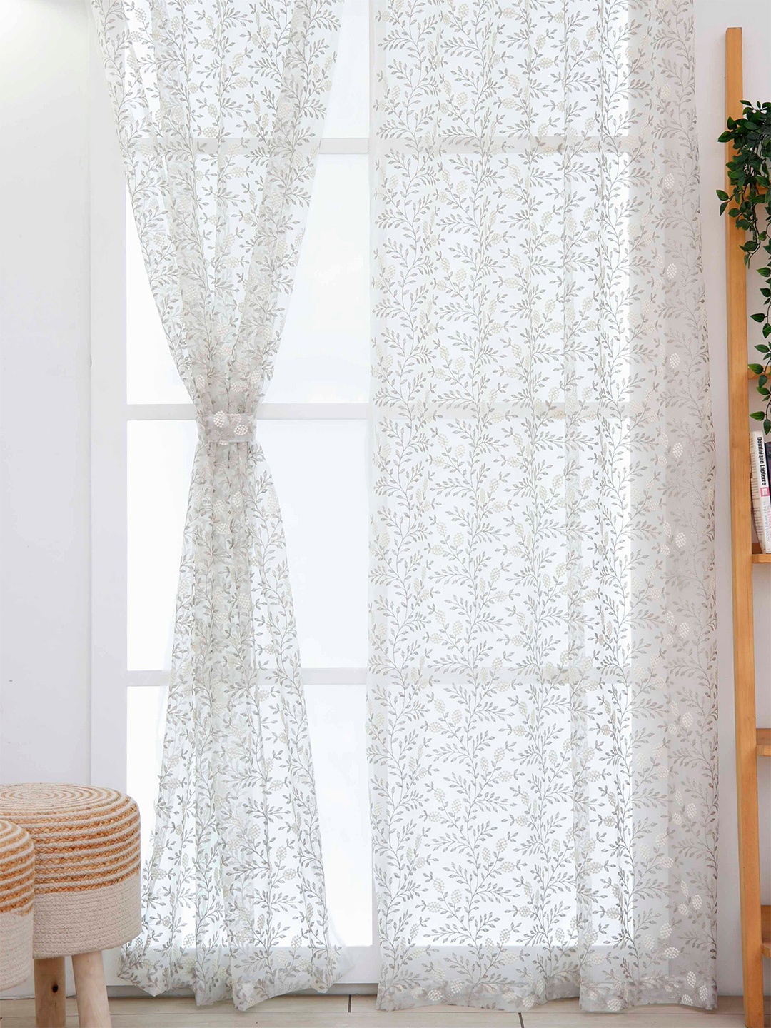 

Ariana Silver Toned Floral Embroidered Sheer Eyelet Door Curtain, White