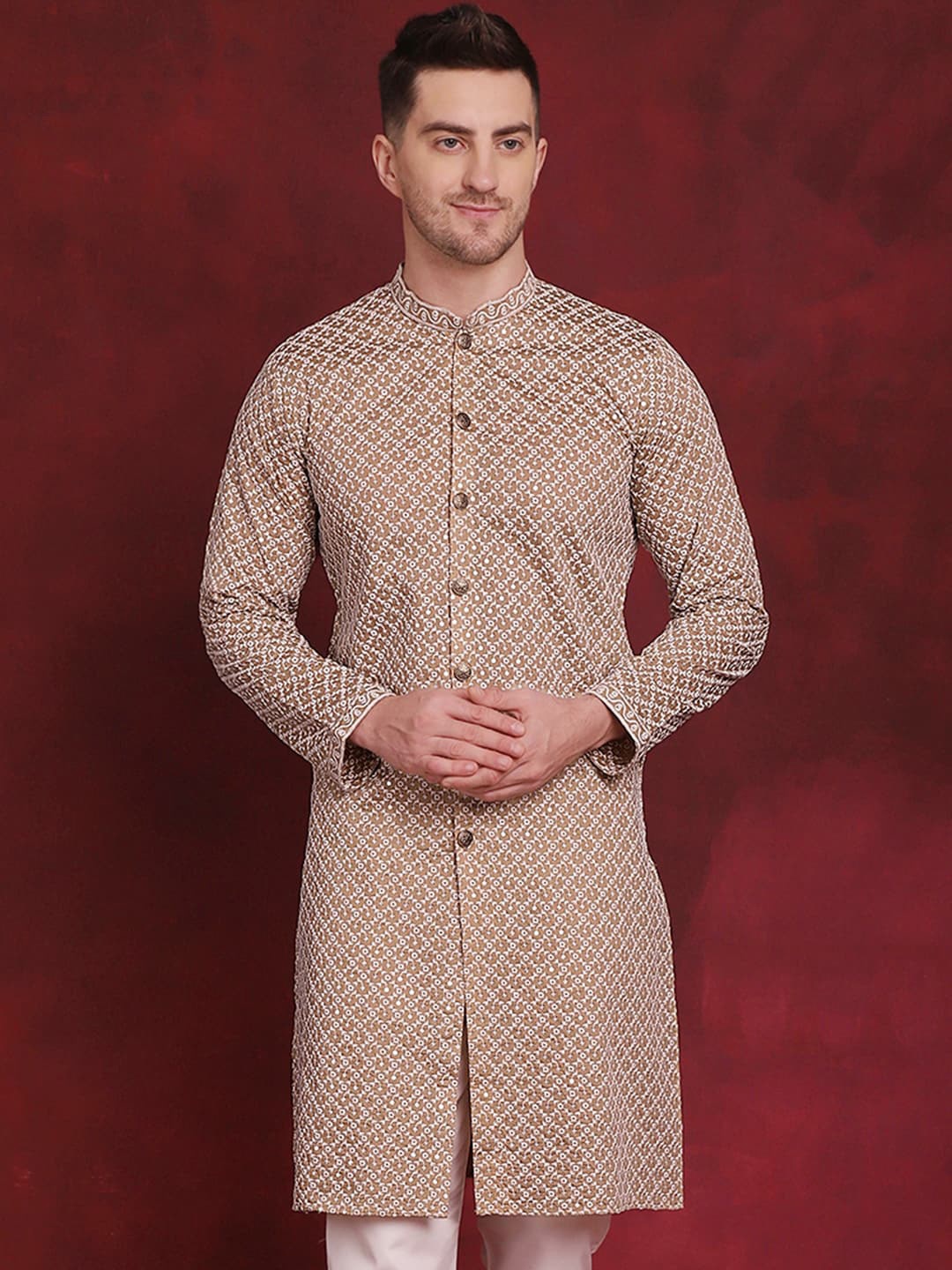 

Jompers Geometric Embroidered Sequinned Straight Kurta, Beige