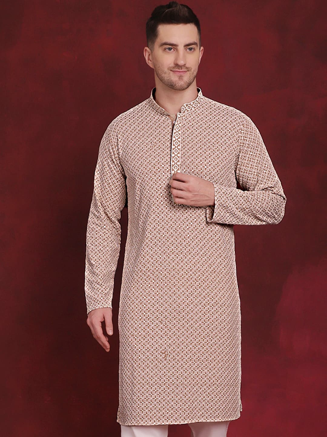 

Jompers Geometric Embroidered Sequinned Kurta, Beige