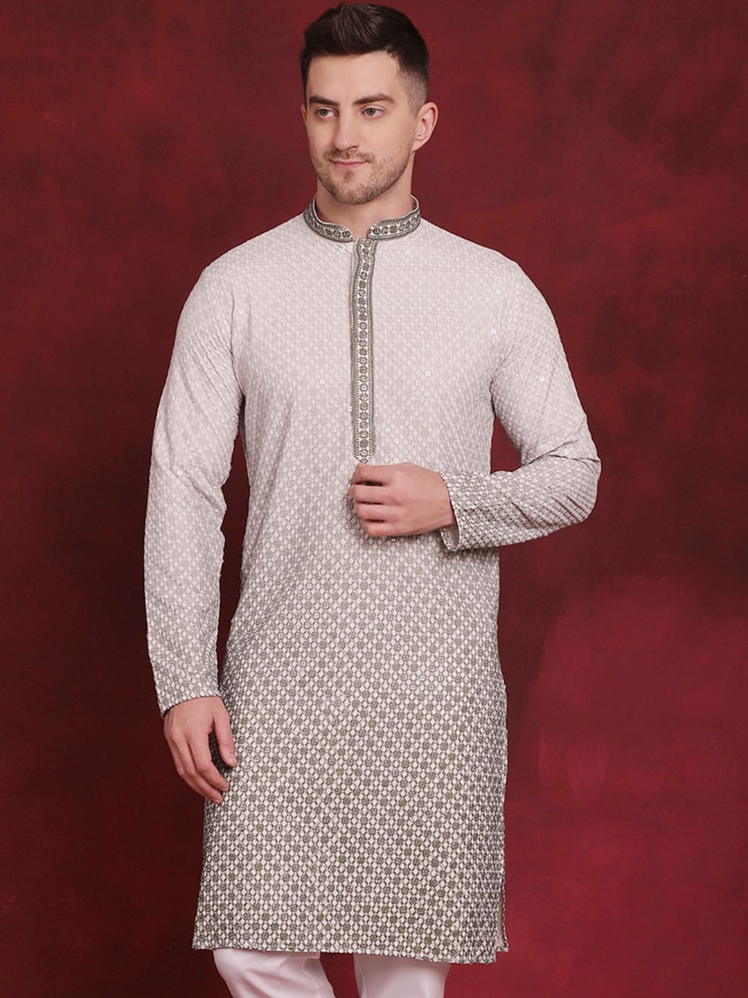 

Jompers Geometric Embroidered Sequinned Kurta, White