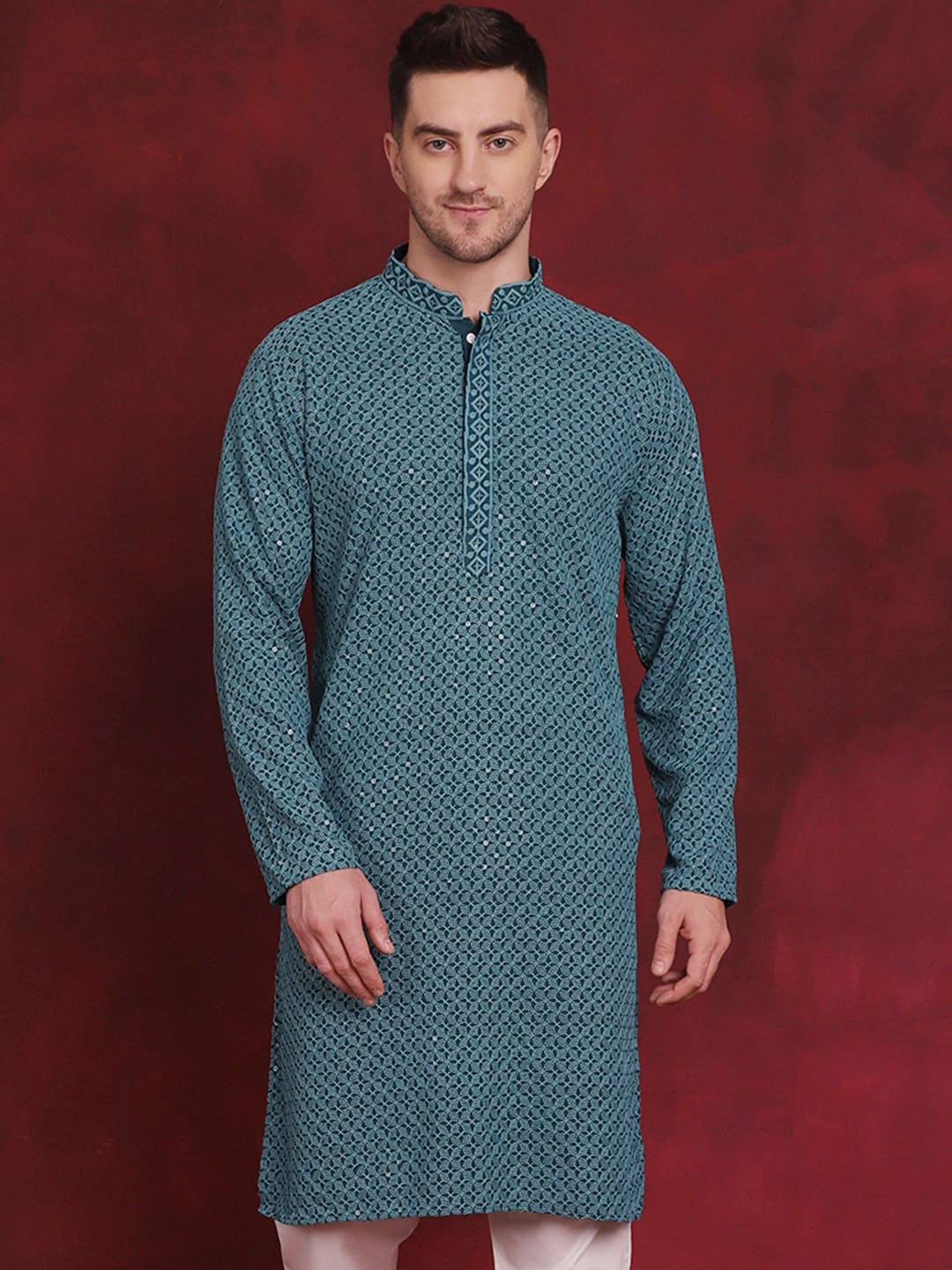 

Jompers Geometric Embroidered Sequinned Straight Kurta, Blue