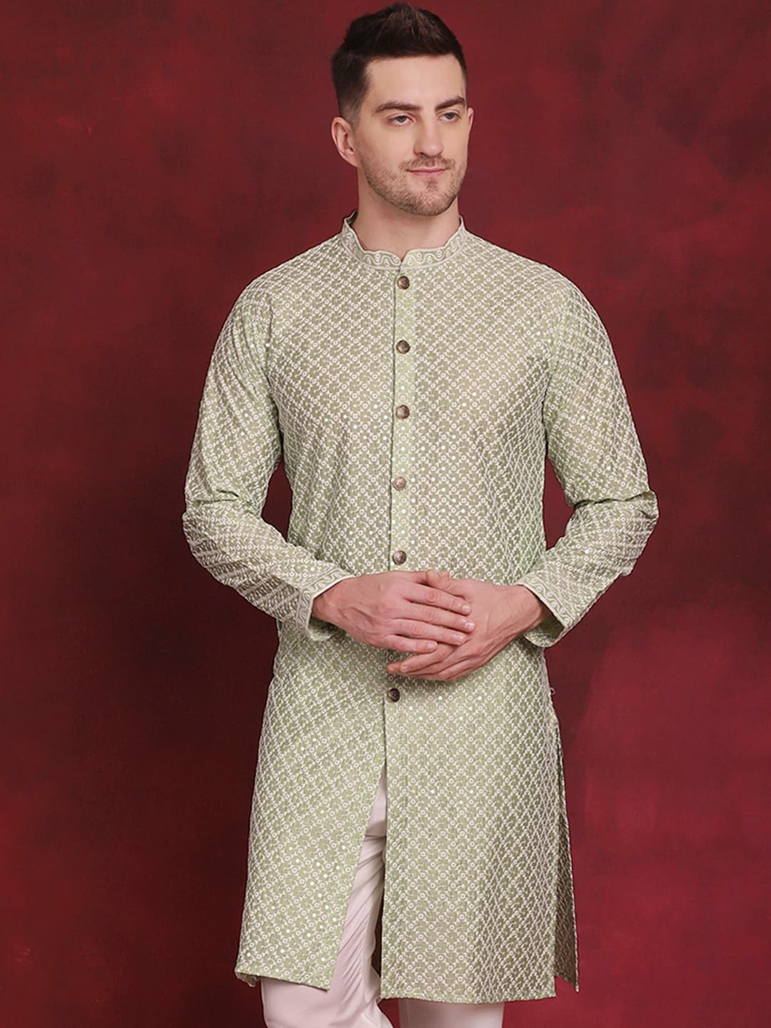 

Jompers Geometric Embroidered Sequinned Kurta, Green