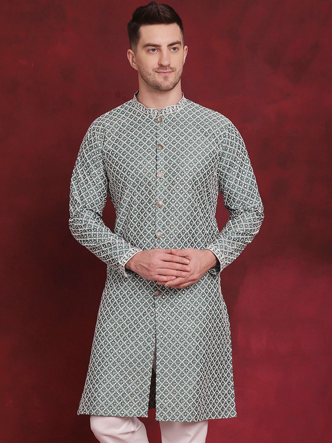

Jompers Geometric Embroidered Sequinned Mandarin Collar Kurta, Green