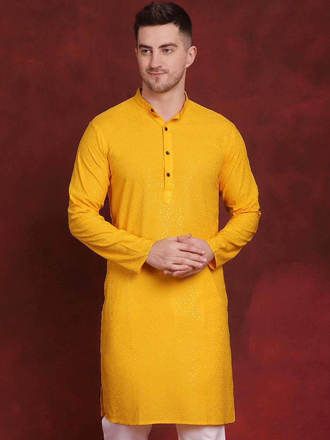 

Jompers Embroidered Sequinned Mandarin Collar Straight Kurta, Yellow